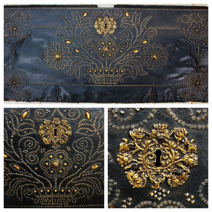 Antique Leather Clad Coffer Panel with Nailhead Details